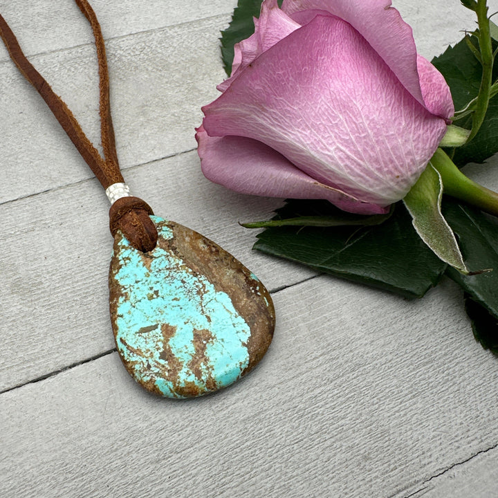 Ribbon Kingman Turquoise Adjustable Rustic Brown Leather Necklace - SunlightSilver