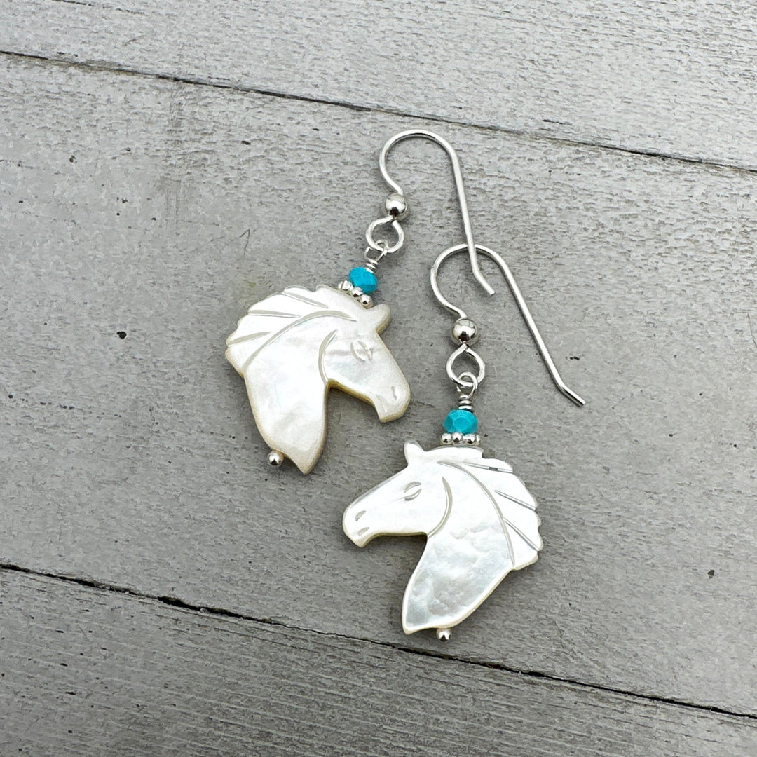 Turquoise, Carved Mother of Pearl Horse and Sterling Silver Earrings - SunlightSilver