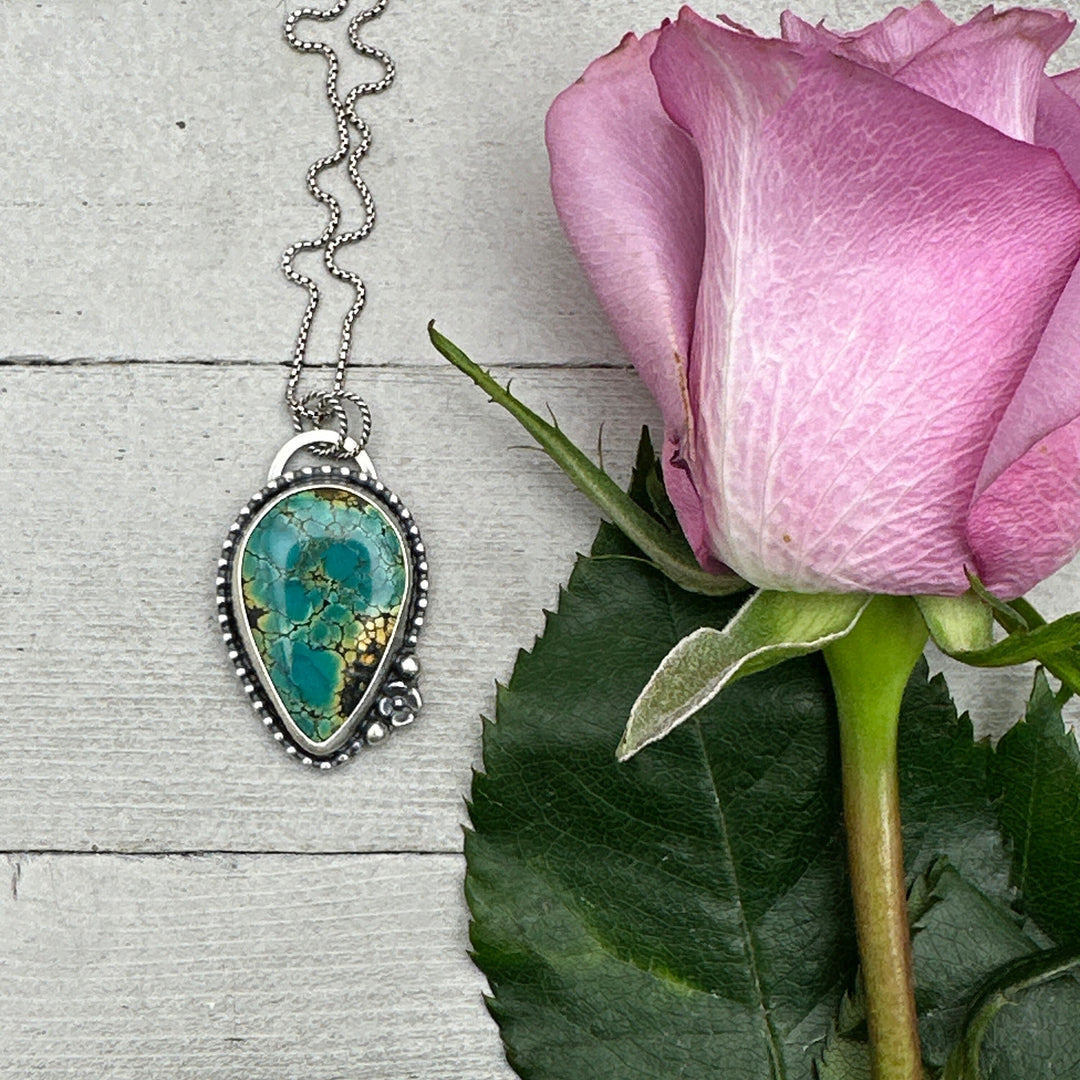 Polychrome Hubei Turquoise and Sterling Silver Flower Pendant Necklace - SunlightSilver