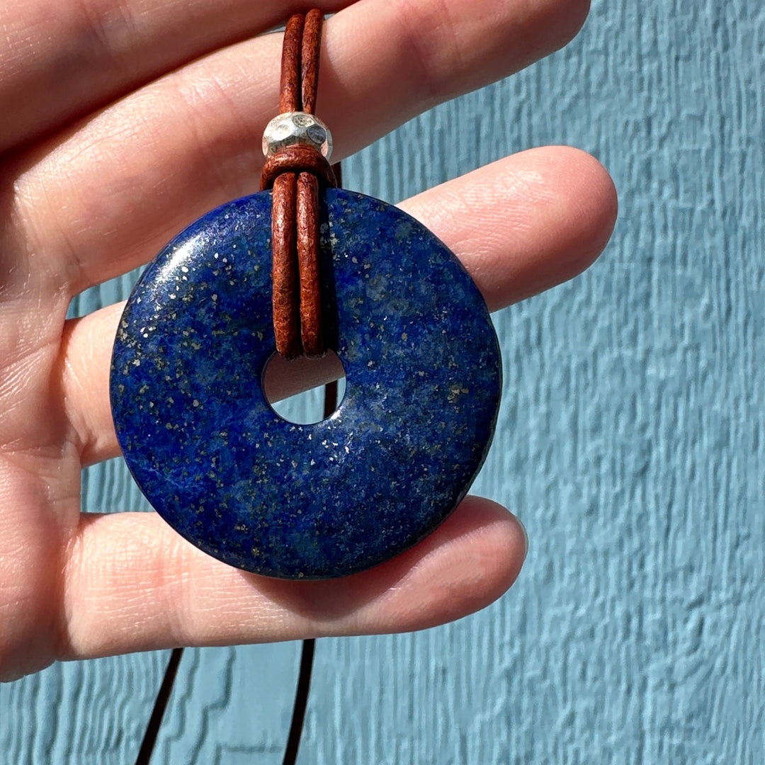 Lapis Lazuli Donut Leather Necklace - SunlightSilver