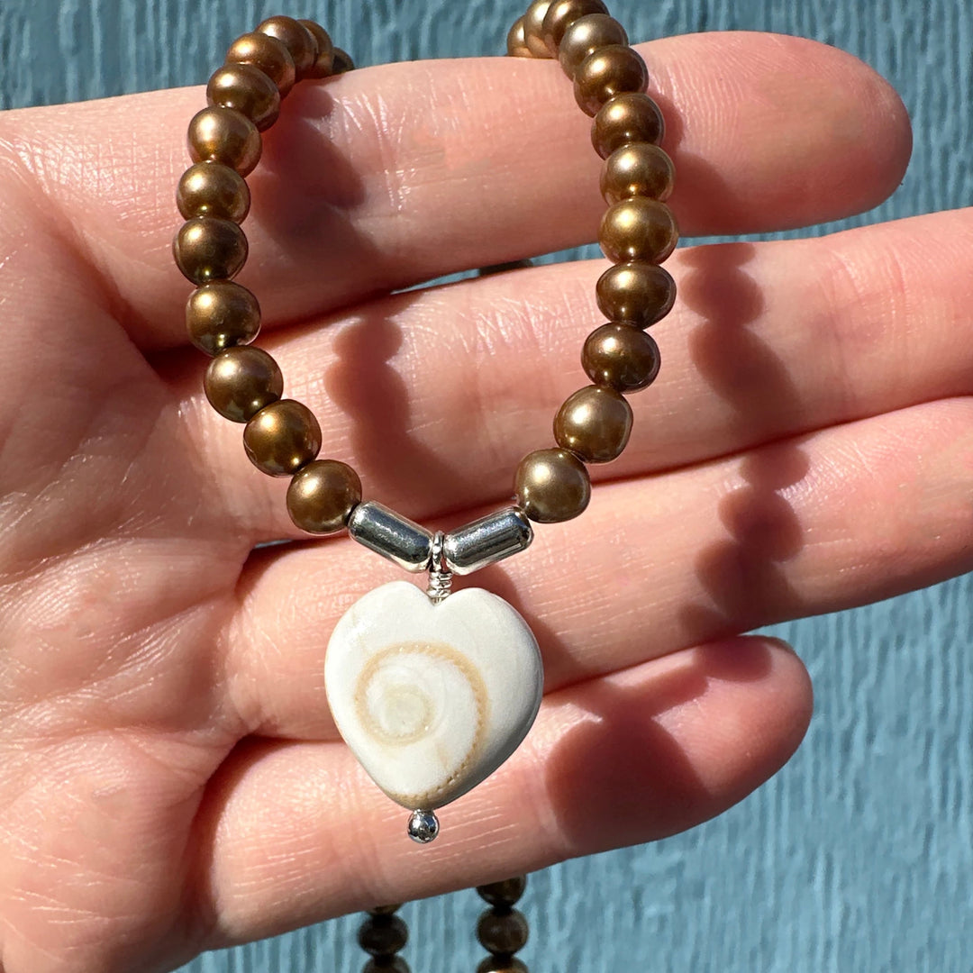 Shiva Eye Shell Heart and Freshwater Pearl Necklace - SunlightSilver