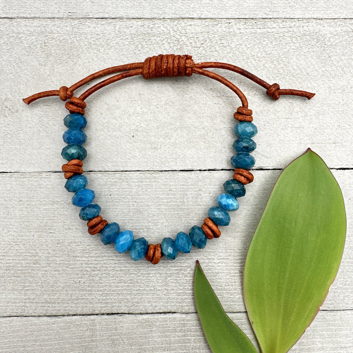 Apatite and Rustic Brown Leather Bracelet. Faceted Blue Gemstones - SunlightSilver