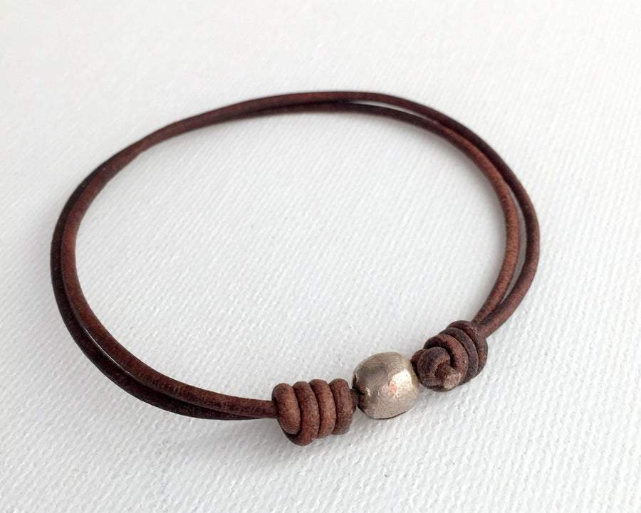 Brown Leather Anklet / Bracelet. African Coin Silver and Antiqued Rustic Leather. Adjustable - SunlightSilver