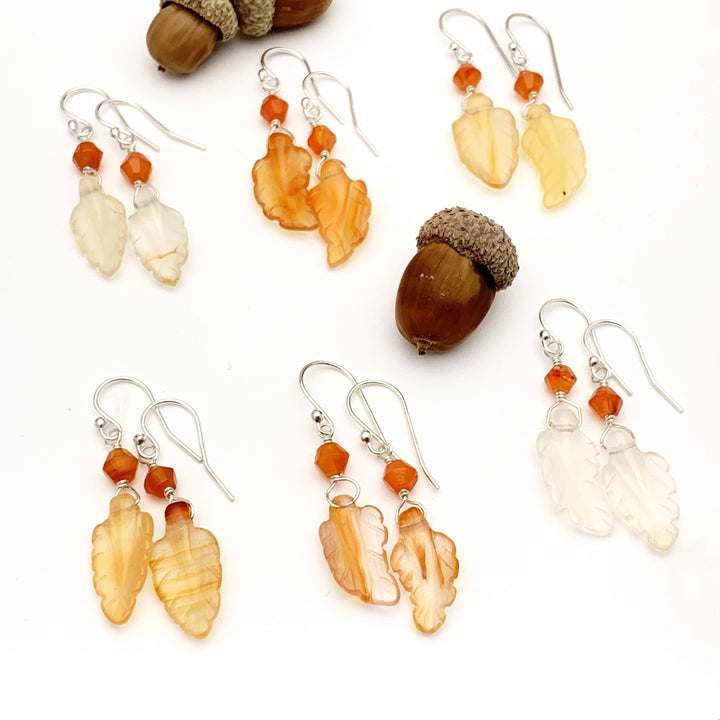 Carved Carnelian Leaf Earrings. Fall leaf Jewelry. Carved Leaf Earrings