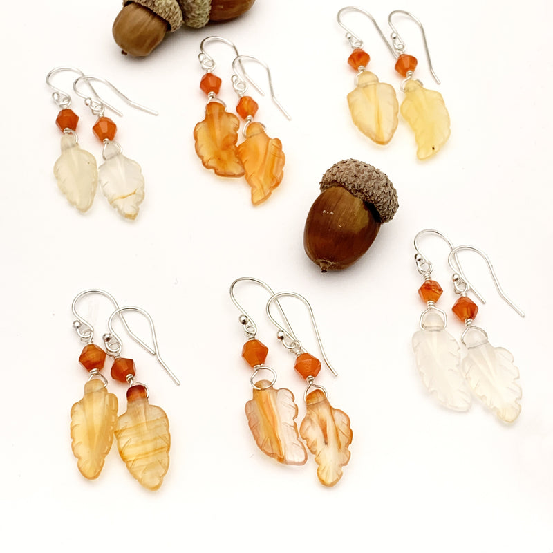 Carved Carnelian Leaf Earrings. Fall leaf Jewelry. Carved Leaf Earrings