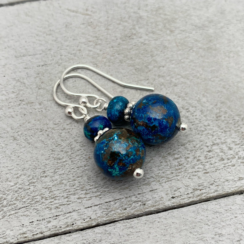 Shattuckite and Sterling Silver Earrings. Blue Shattuckite, Azurite, Chrysocolla, Turquoise Earrings