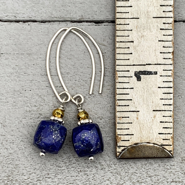 Lapis Lazuli Gemstone Earrings. Navy Blue, Golden Pyrite and Solid 925 Sterling Silver