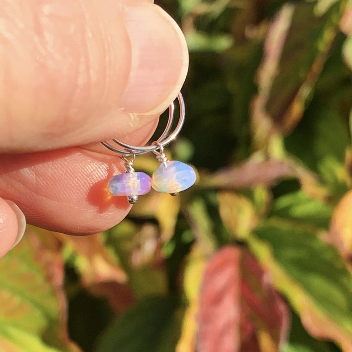 Pink Opalite Charm Hoop Earrings. Available in Solid 925 Sterling Silver, 14k Yellow or Rose Gold Fill