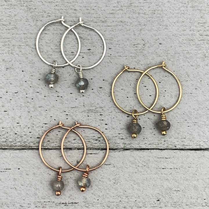 Labradorite Charm Hoop Earrings Available in Solid 925 Sterling Silver, 14k Yellow or Rose Gold Fill