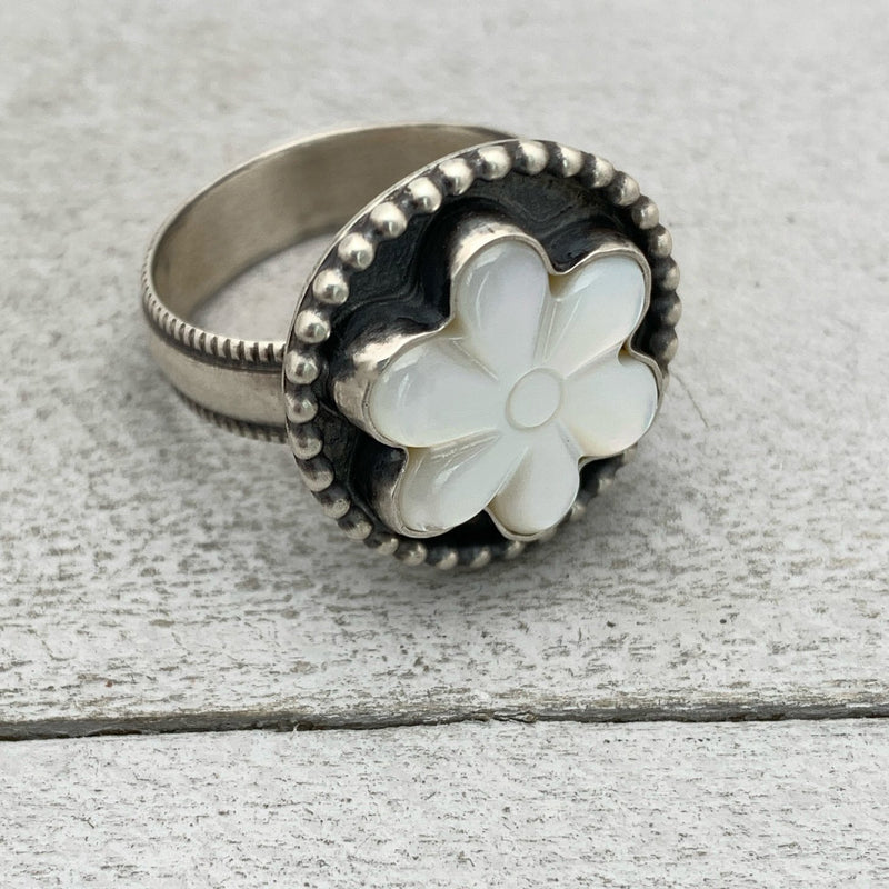 Mother of Pearl Shell Flower and Sterling Silver Ring