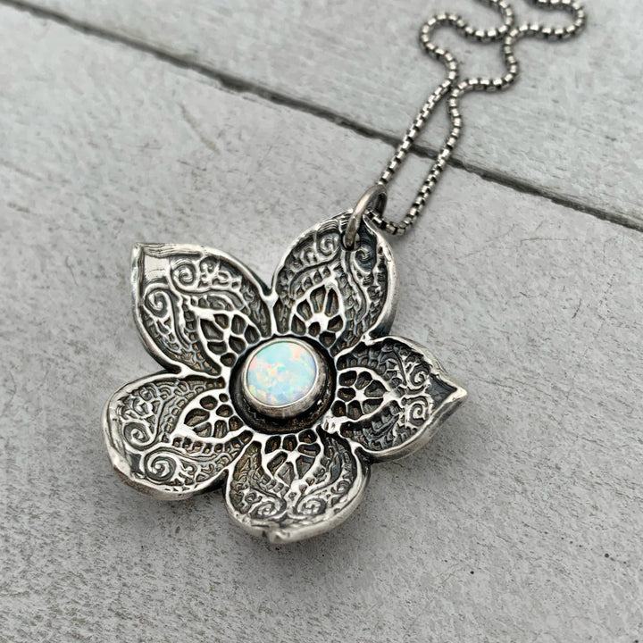 Opal and Sterling Silver Flower Necklace