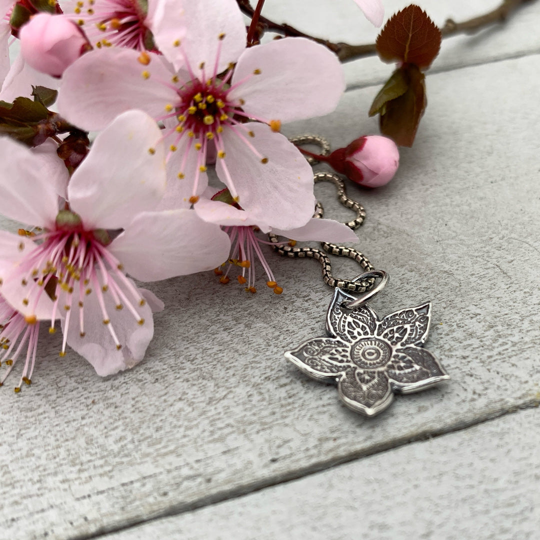 Small Sterling Silver Flower Charm Necklace. Solid 925 Sterling Silver
