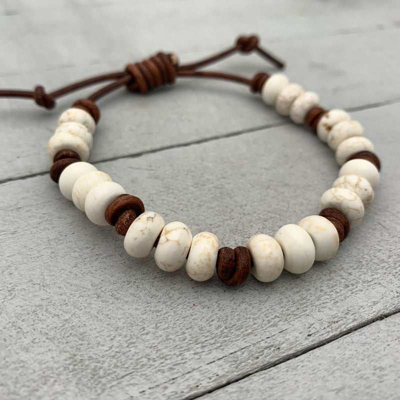 White Magnesite Gemstone and Rustic Brown Leather Stacking Crystal Bracelet