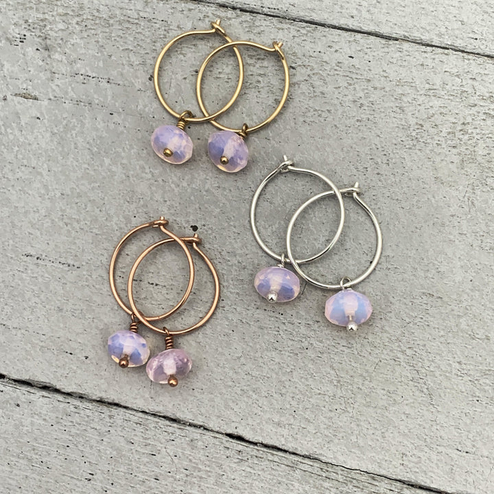 Pink Opalite Charm Hoop Earrings. Available in Solid 925 Sterling Silver, 14k Yellow or Rose Gold Fill