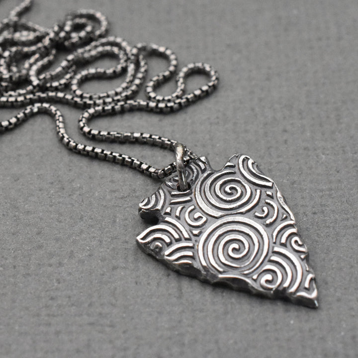 Silver Arrowhead Necklace with Stamped Swirl Design. Solid 925 Sterling Silver Pendant with Beautiful Stamped Spiral Pattern. Southwest