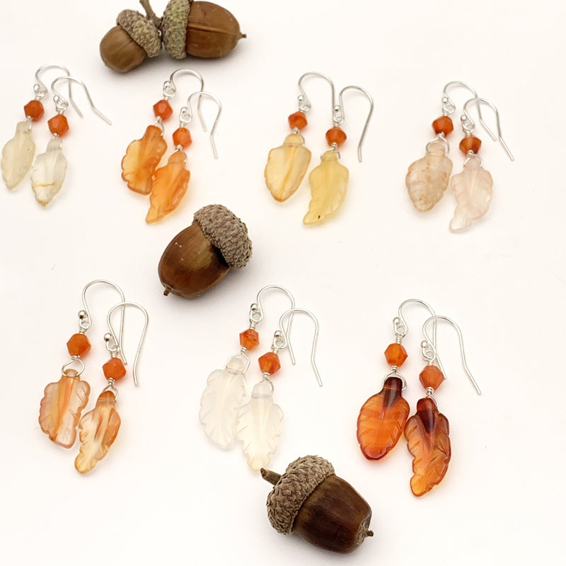 Carved Carnelian Leaf Earrings. Fall leaf Jewelry. Carved Leaf Earrings