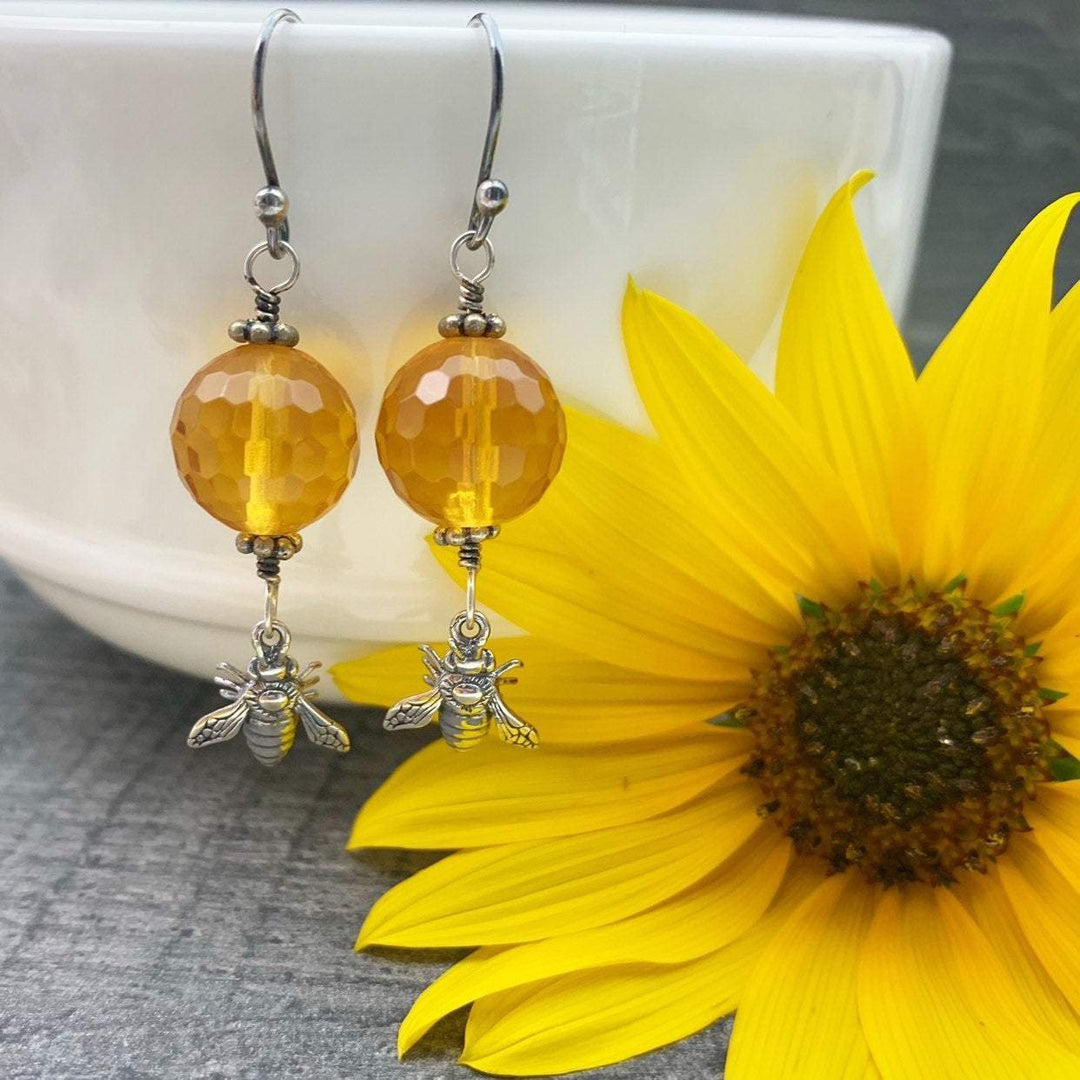 Golden Citrine and Sterling Silver Bee Earrings