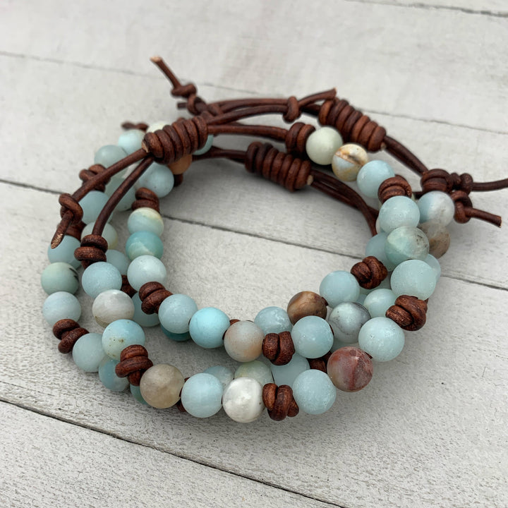 Multicolor Amazonite Gemstone and Rustic Brown Leather Bracelet