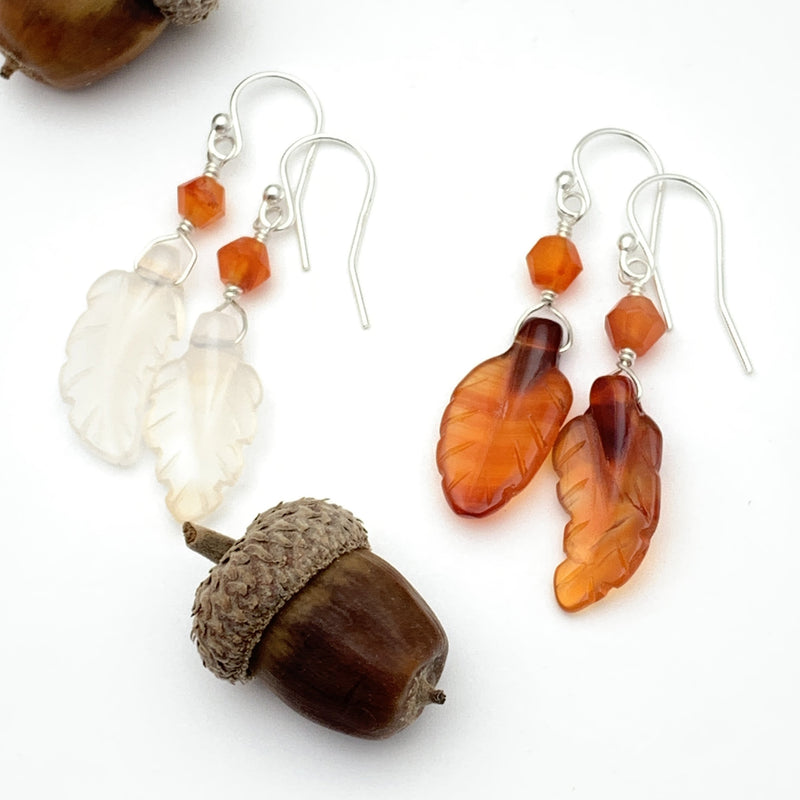 Carved Carnelian Leaf Earrings. Fall leaf Jewelry. Carved Leaf Earrings