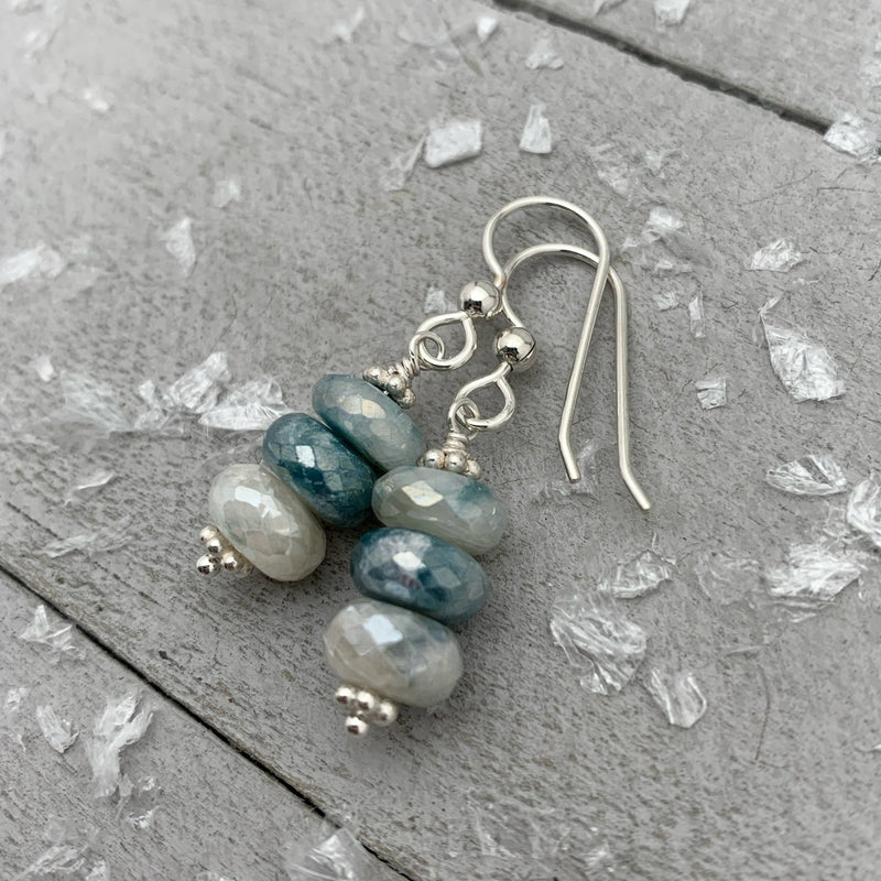 Mystic Blue and White Sillimanite and Sterling Silver Earrings. Faceted Bling