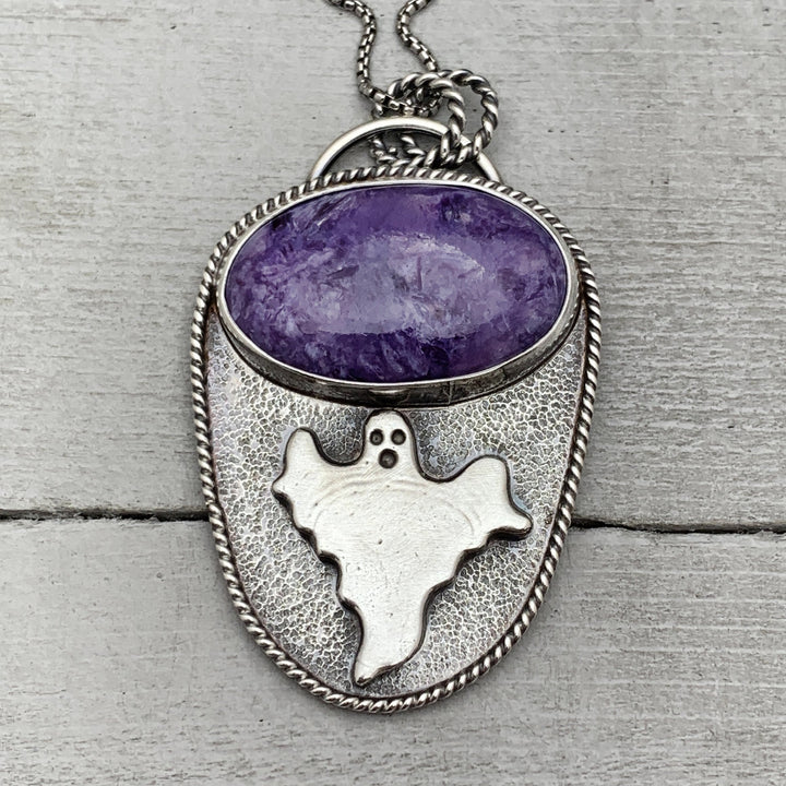 Purple Charoite Ghost Pendant. Solid 925 Sterling Silver Halloween Jewelry