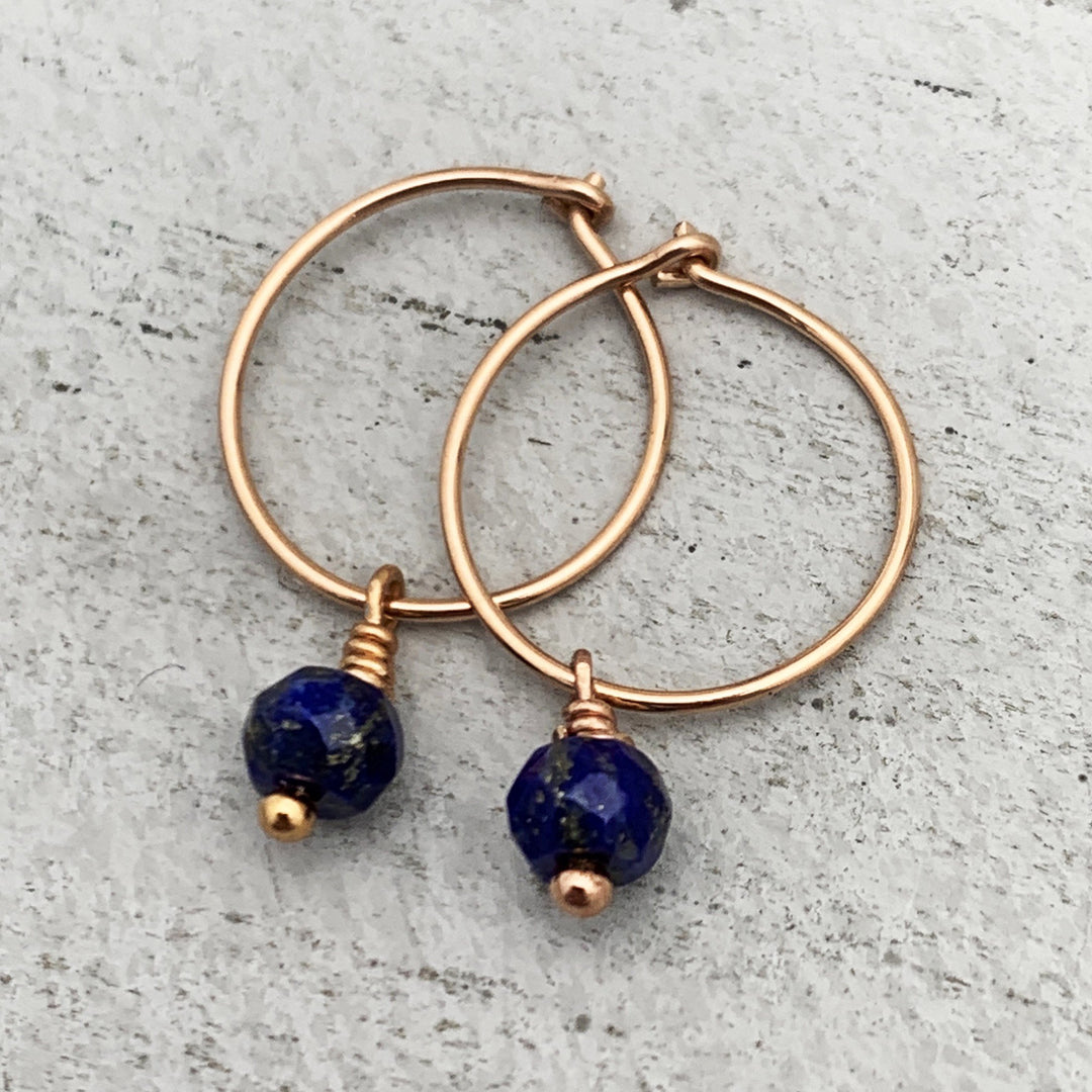 Lapis Charm Hoop Earrings Available in Solid 925 Sterling Silver, 14k Yellow or Rose Gold Fill