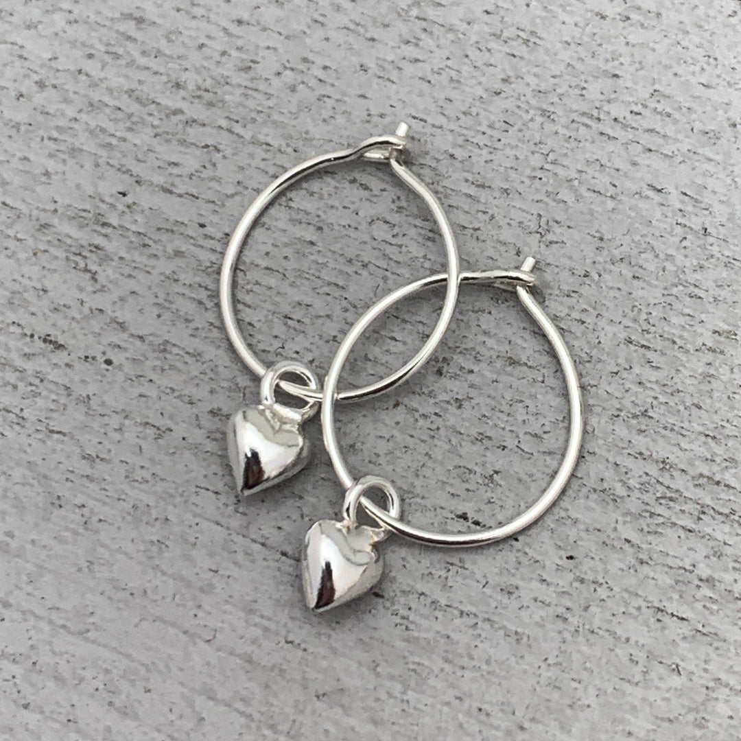Heart Charm Hoop Earrings Available in Solid 925 Sterling Silver, 14k Yellow or Rose Gold Fill