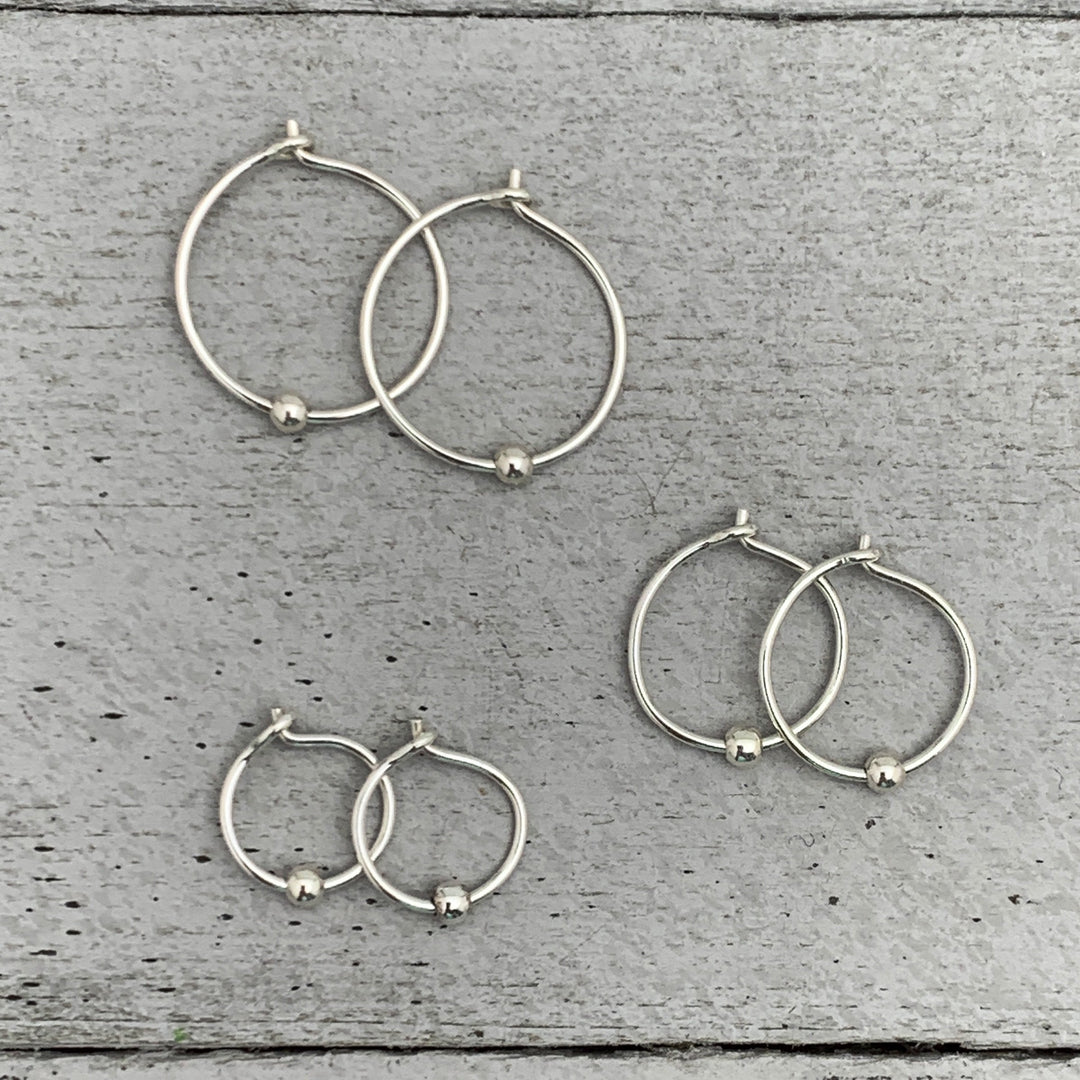 Sterling Silver Tiny Hoop Earrings with Silver Ball Bead