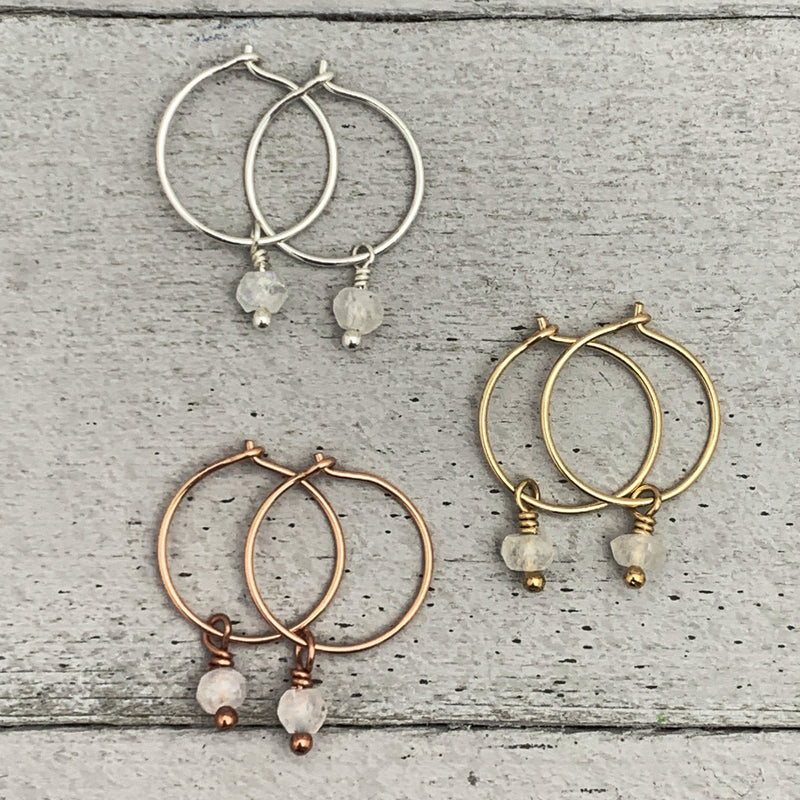Moonstone Charm Hoop Earrings Available in Solid 925 Sterling Silver, 14k Yellow or Rose Gold Fill