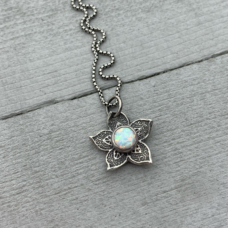 Small Sterling Silver Flower Charm with Opal Necklace. Solid 925 Sterling Silver