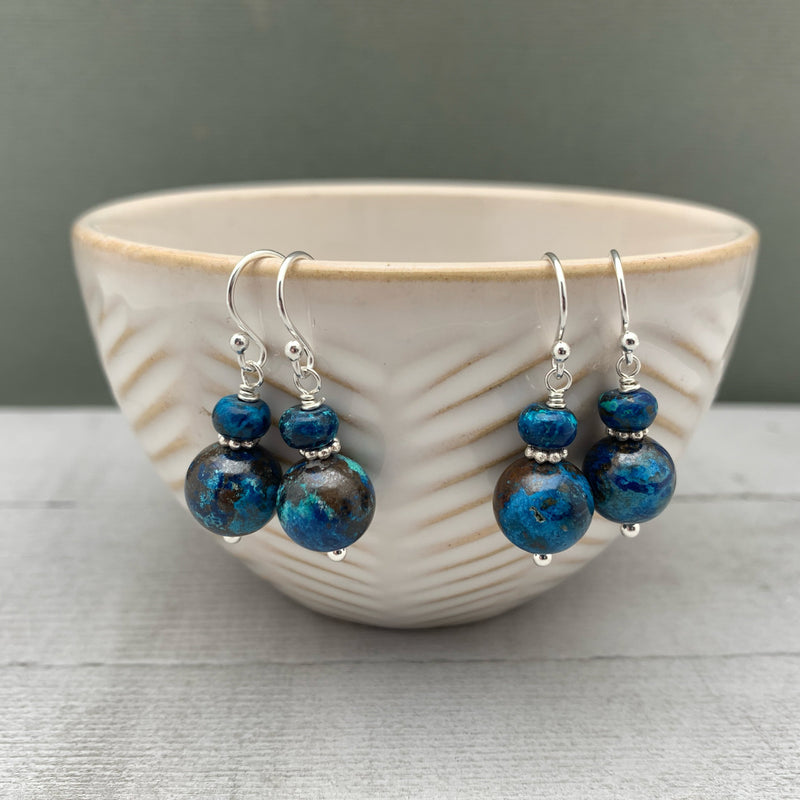 Shattuckite and Sterling Silver Earrings. Blue Shattuckite, Azurite, Chrysocolla, Turquoise Earrings