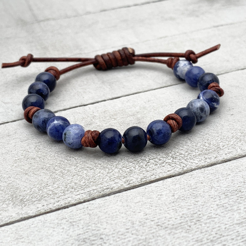 Sodalite Gemstone and Rustic Brown Leather Stacking Bracelet