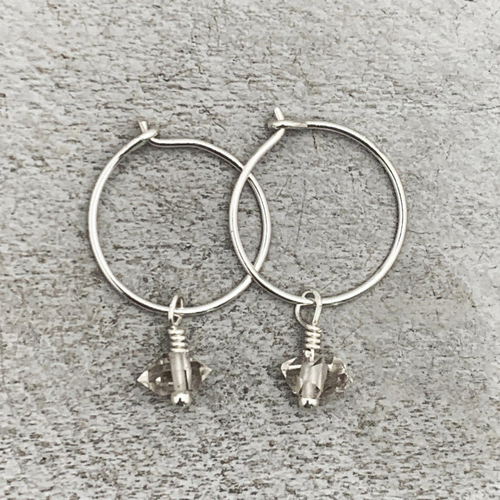 Herkimer Diamond Charm Hoop Earrings Available in Solid 925 Sterling Silver, 14k Yellow or Rose Gold Fill