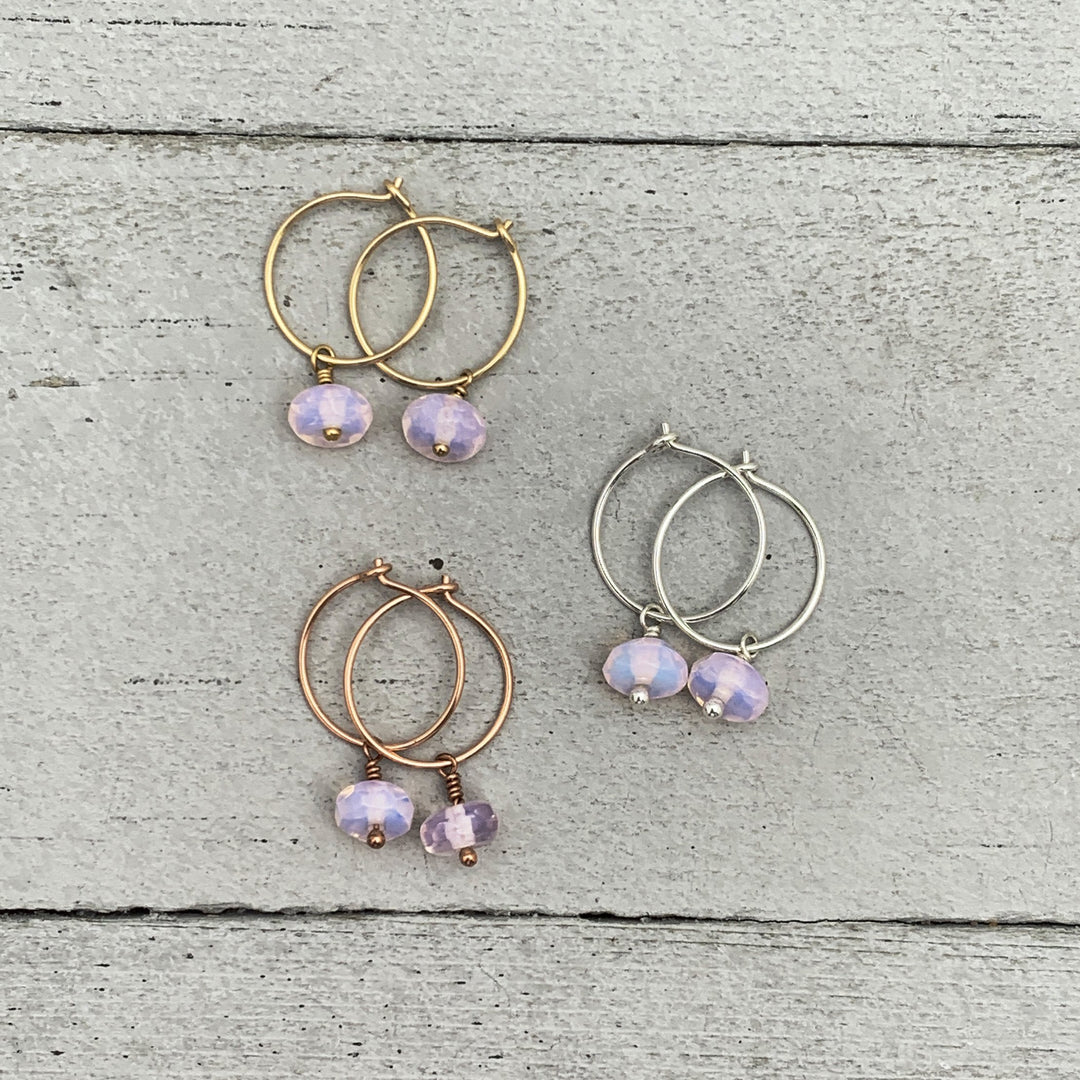Pink Opalite Charm Hoop Earrings. Available in Solid 925 Sterling Silver, 14k Yellow or Rose Gold Fill