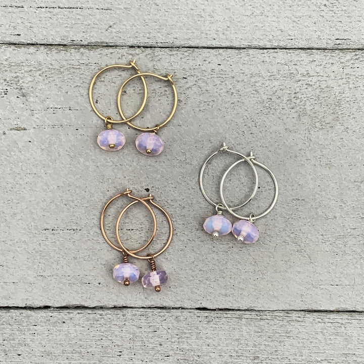Pink Opalite Charm Hoop Earrings. Available in Solid 925 Sterling Silver, 14k Yellow or Rose Gold Fill