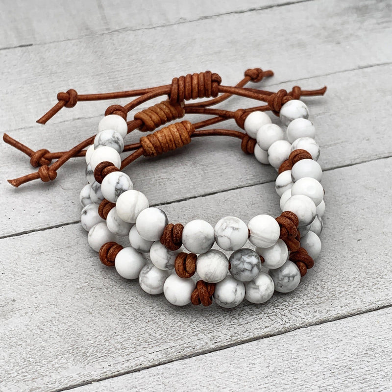 Howlite Gemstone and Rustic Brown Leather Stacking Crystal Bracelet