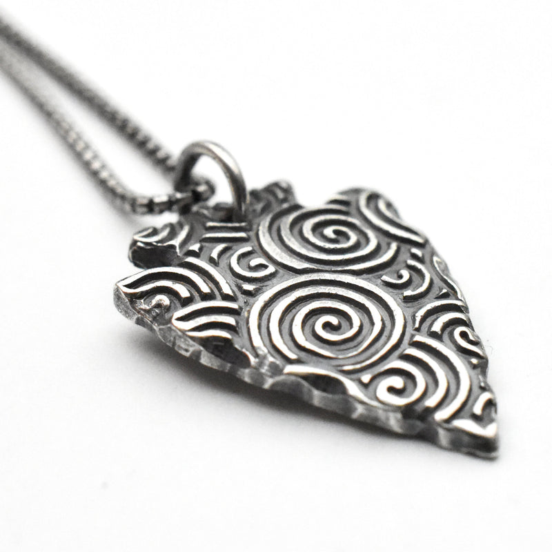 Silver Arrowhead Necklace with Stamped Swirl Design. Solid 925 Sterling Silver Pendant with Beautiful Stamped Spiral Pattern. Southwest
