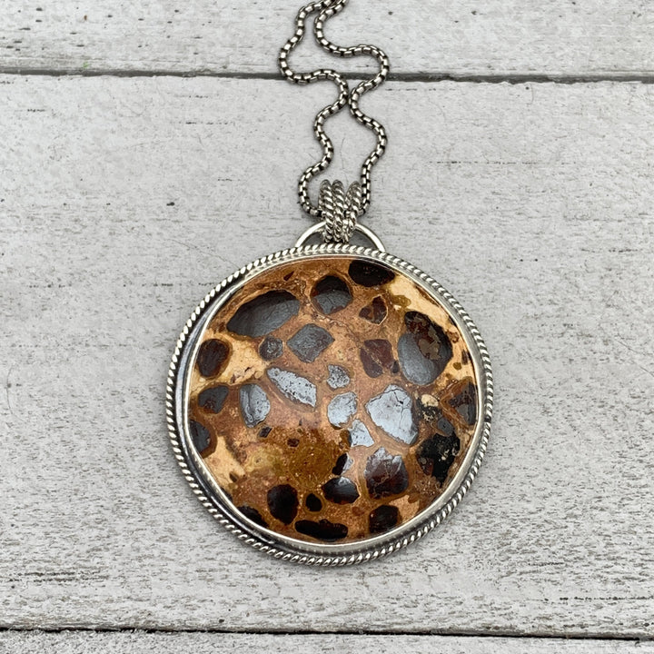 Bauxite and Sterling Silver Pendant Necklace. Animal Print Stone