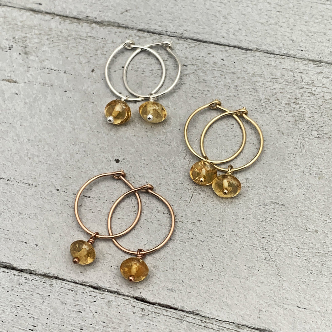 Citrine Charm Hoop Earrings. Available in Solid 925 Sterling Silver, 14k Yellow or Rose Gold Fill