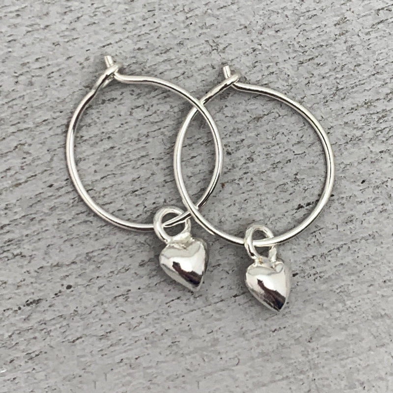 Heart Charm Hoop Earrings Available in Solid 925 Sterling Silver, 14k Yellow or Rose Gold Fill