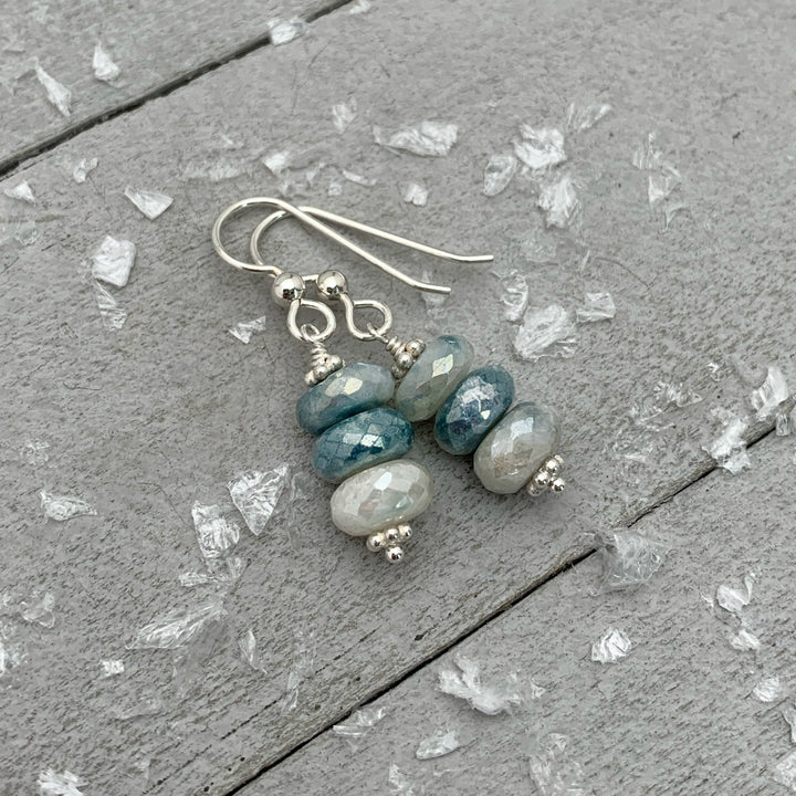 Mystic Blue and White Sillimanite and Sterling Silver Earrings. Faceted Bling