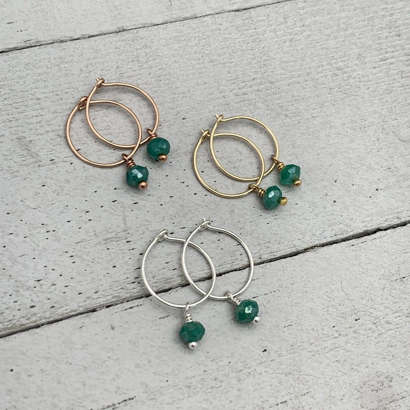 Green Onyx Charm Hoop Earrings. Available in Solid 925 Sterling Silver, 14k Yellow or Rose Gold Fill