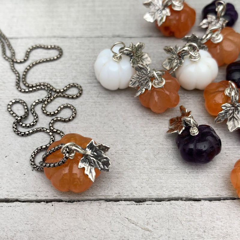 Gemstone Pumpkin Sterling Silver Earrings. Carnelian, Amethyst or White Opal