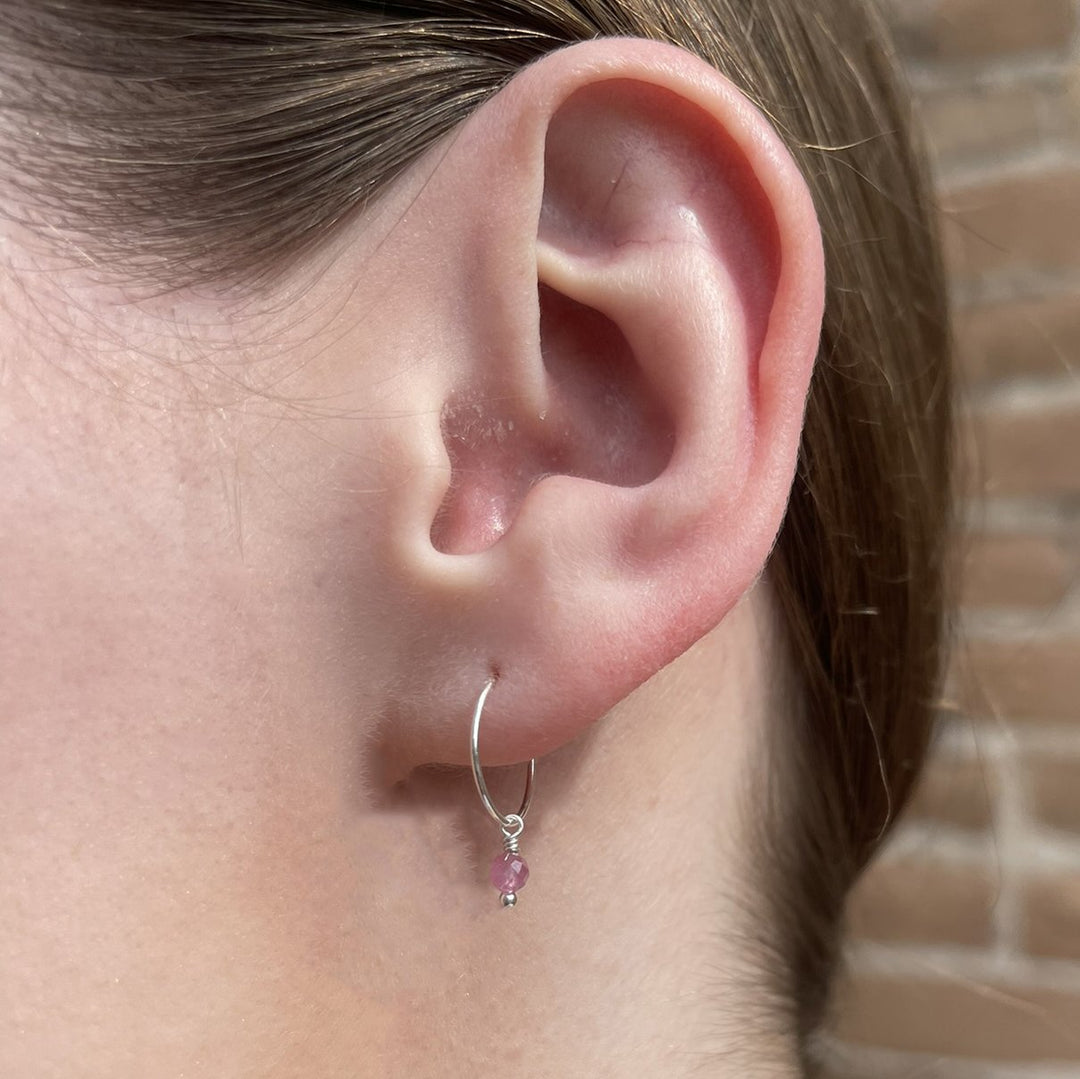 Pink Tourmaline Charm Hoop Earrings. Available in Solid 925 Sterling Silver, 14k Yellow or Rose Gold Fill