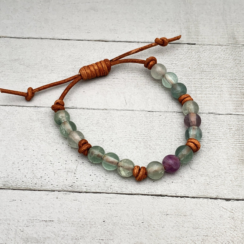 Fluorite Crystal and Rustic Brown Leather Gemstone Stacking Bracelet