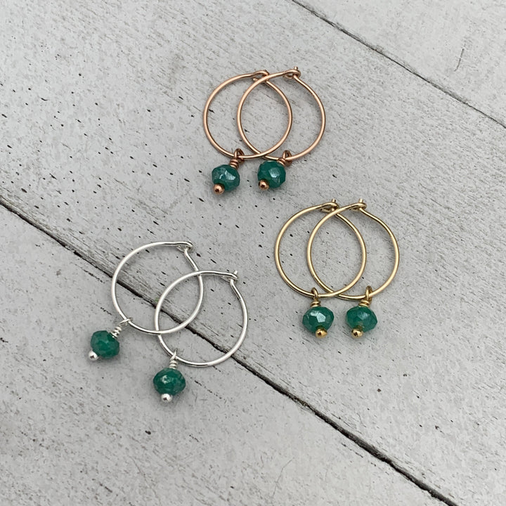 Green Onyx Charm Hoop Earrings. Available in Solid 925 Sterling Silver, 14k Yellow or Rose Gold Fill