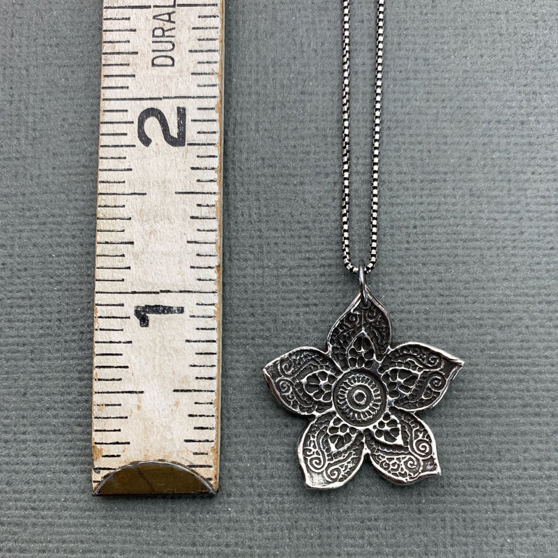 Large Sterling Silver Flower Necklace. Solid 925 Sterling Silver Paisley Flower Pendant. Big Bohemian Mandala Flower Necklace.