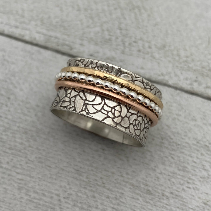 Sterling Silver Roses Spinner Ring with Yellow and Rose Gold Fill. Size 9.5 US