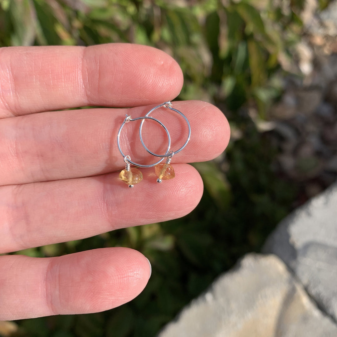 Citrine Charm Hoop Earrings. Available in Solid 925 Sterling Silver, 14k Yellow or Rose Gold Fill
