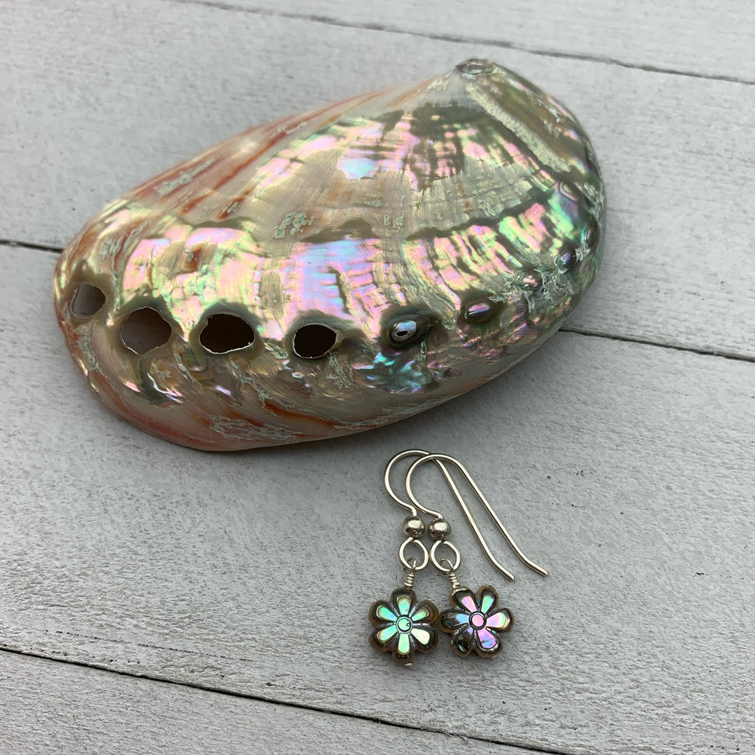 Paua Abalone Shell Flower Earrings. Solid 925 Sterling Silver